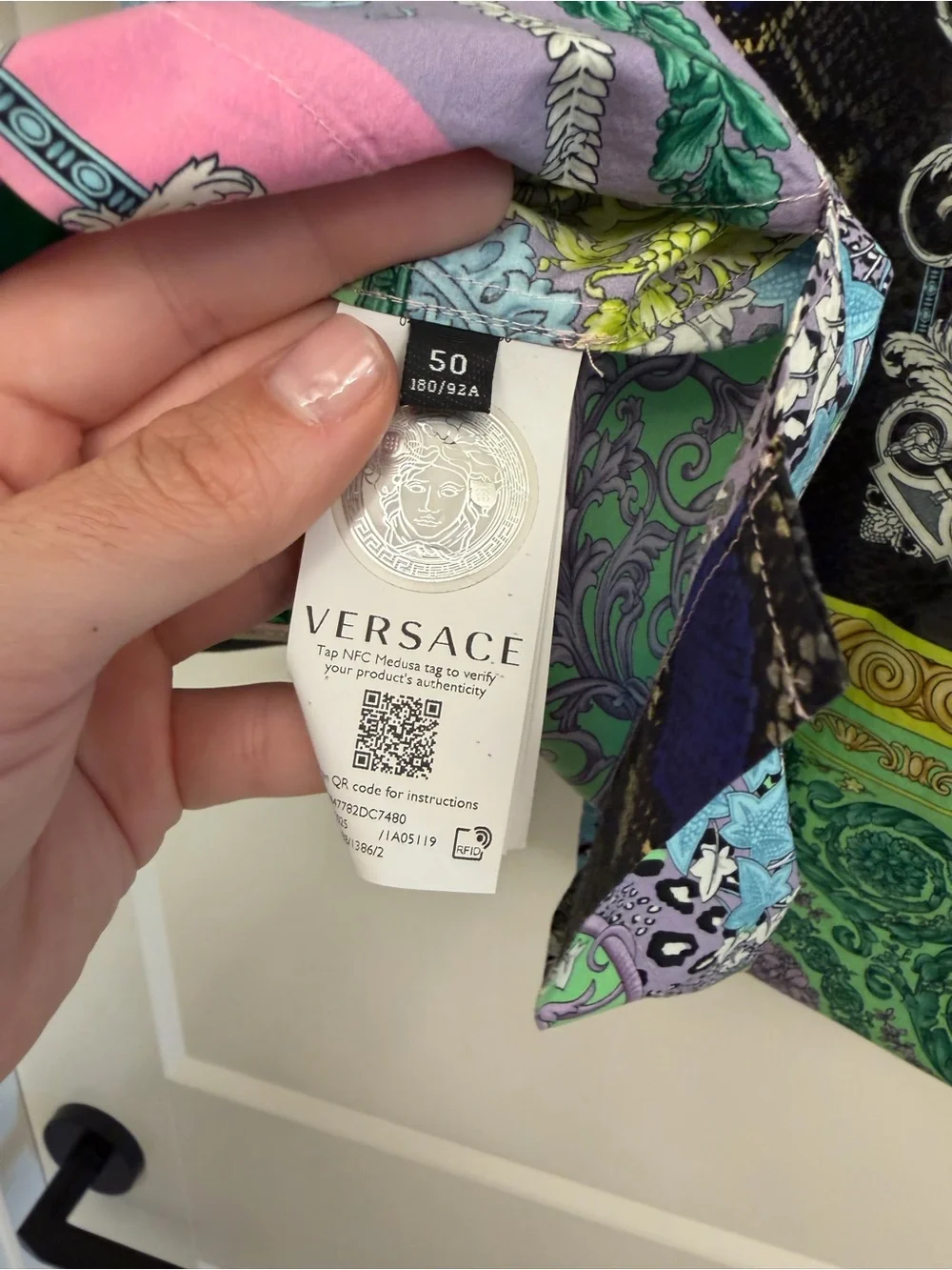 Versace Men's Patchwork Print Short-Sleeve Shirt in Green, Pink & Black - Picture 3 of 4